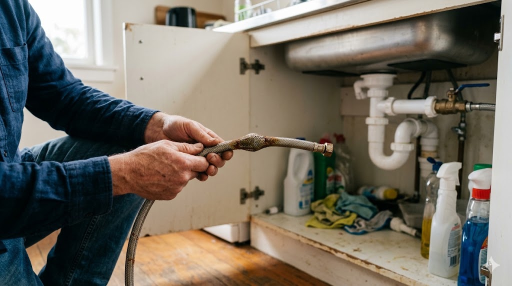 Auckland plumber inspecting an old flexible hose under a kitchen sink