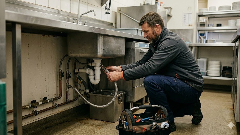 Commercial plumber working on restaurant kitchen pipework in Auckland