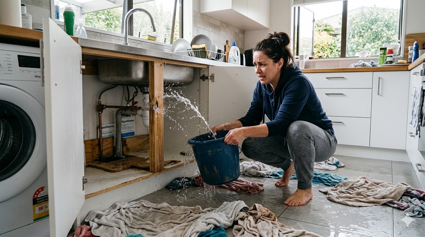 Homeowner with bucket trying to contain water from burst pipe under kitchen sink