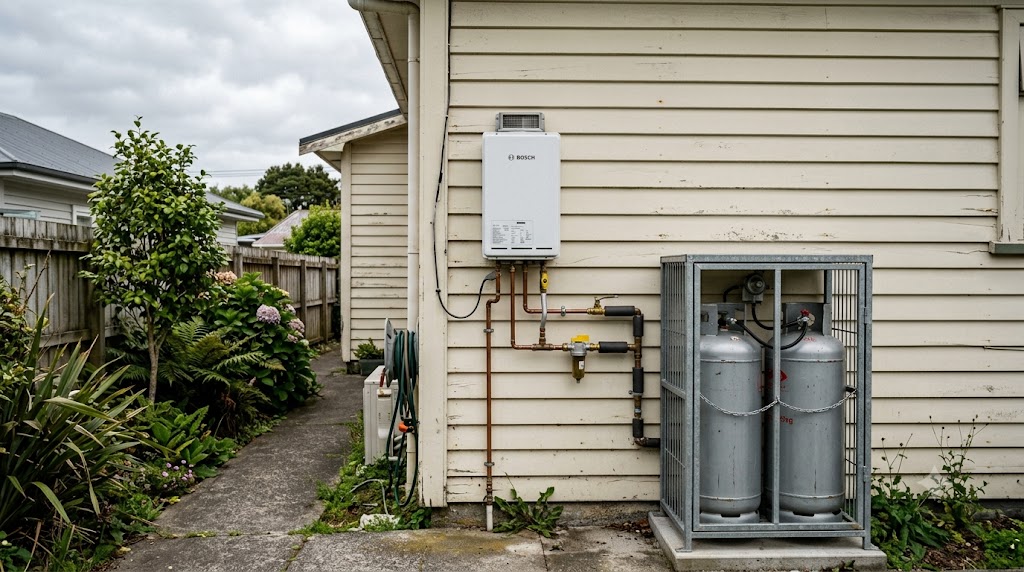 Wall-mounted gas califont unit on the exterior wall of an Auckland home