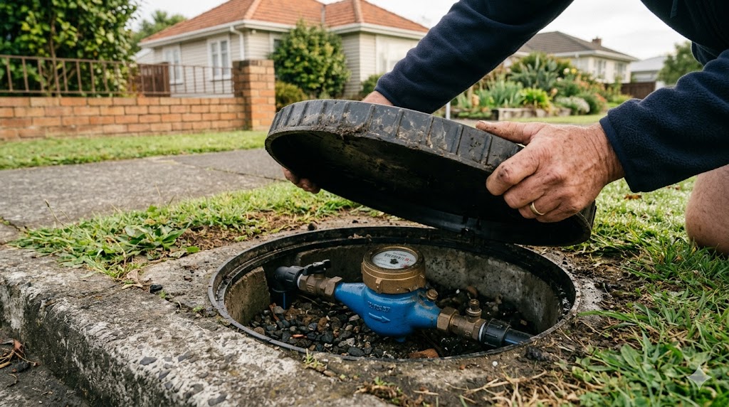 Auckland homeowner reading a boundary water meter to check for a hidden leak