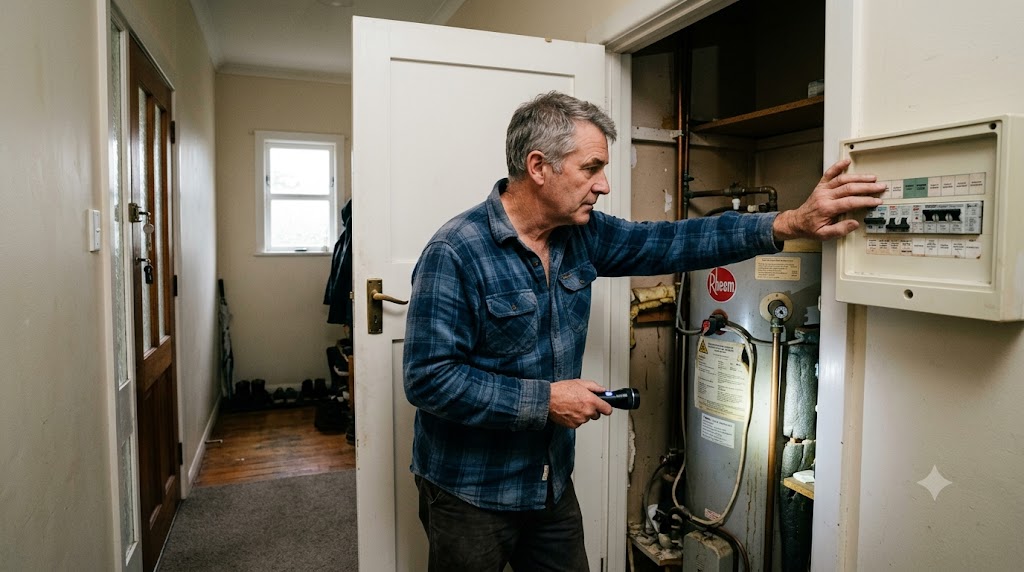 Homeowner checking the switchboard after losing hot water in an Auckland home