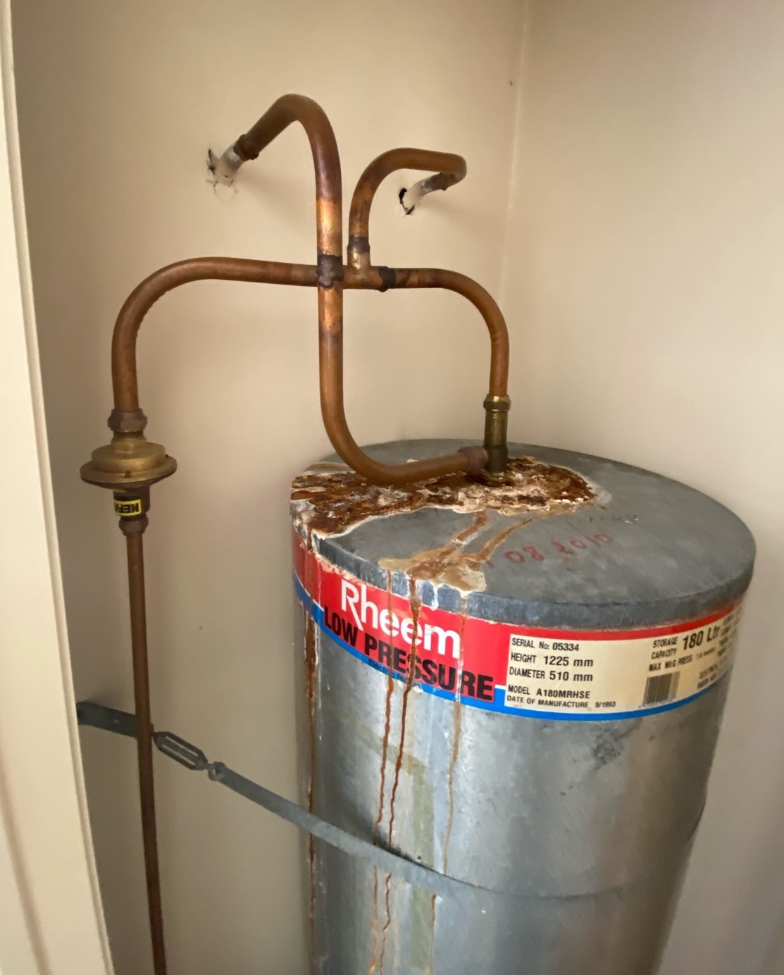 Old Rheem cylinder needing replacement