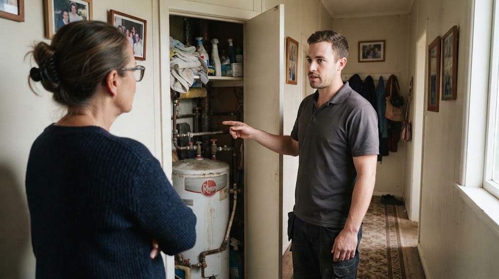 Gasfitter talking a homeowner through gas hot water replacement options in an Auckland home