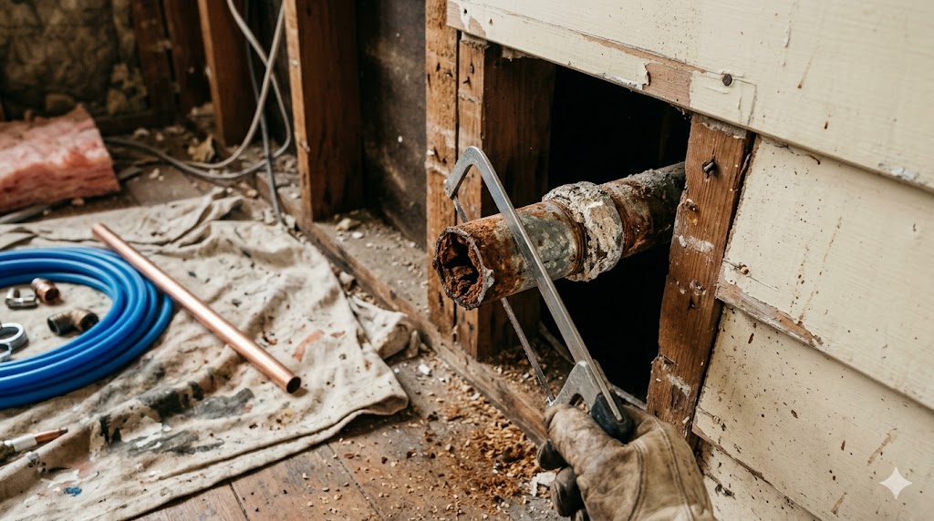 Old corroded galvanised steel pipe being replaced in an Auckland home