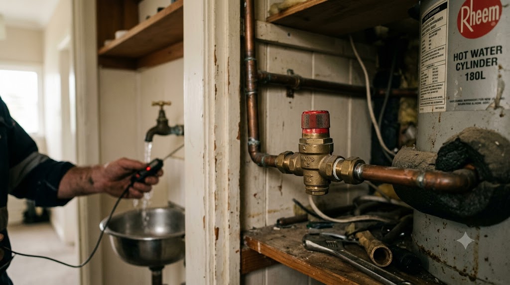 Tempering valve fitted on the hot water line beside a cylinder in an Auckland home