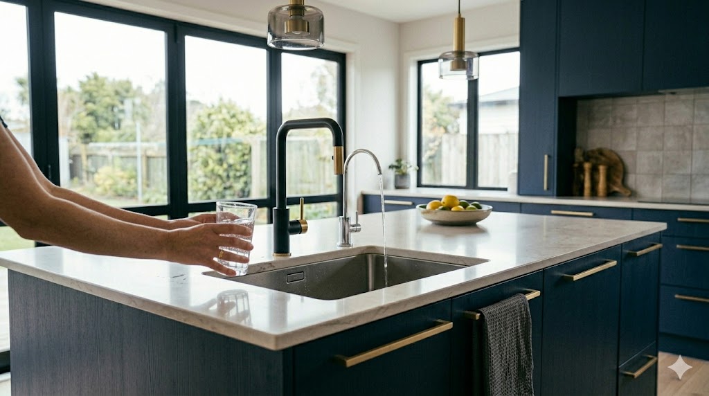 Water filtration system installed under kitchen sink in Auckland home