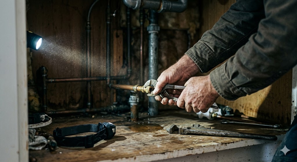 Plumber working under a kitchen sink by torchlight — West Auckland job