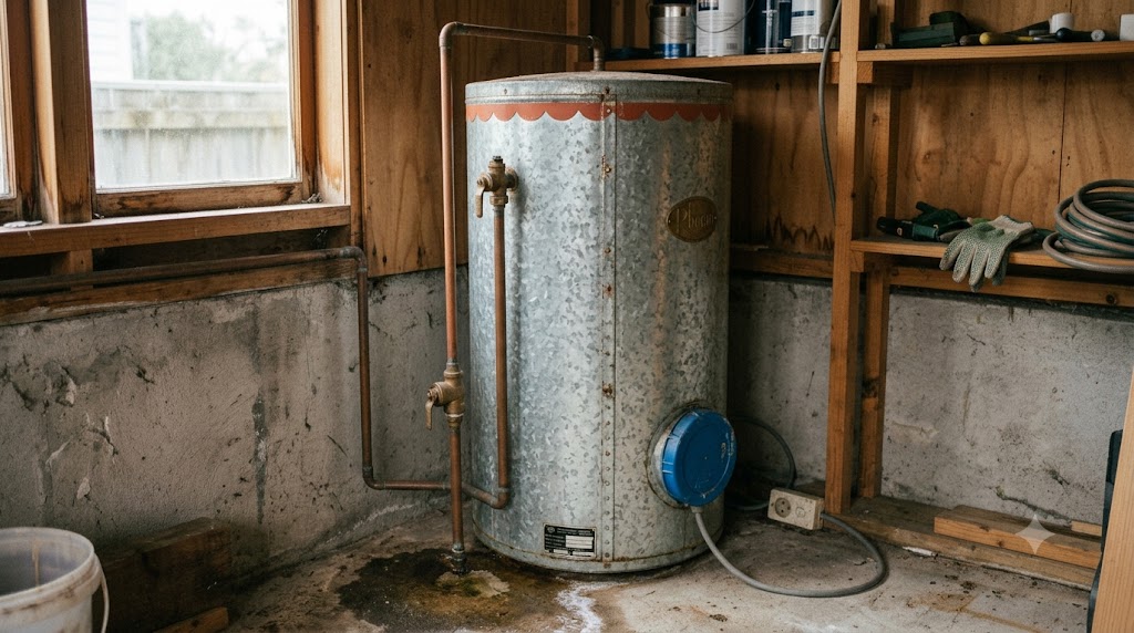 Older hot water cylinder under winter strain in an Auckland home