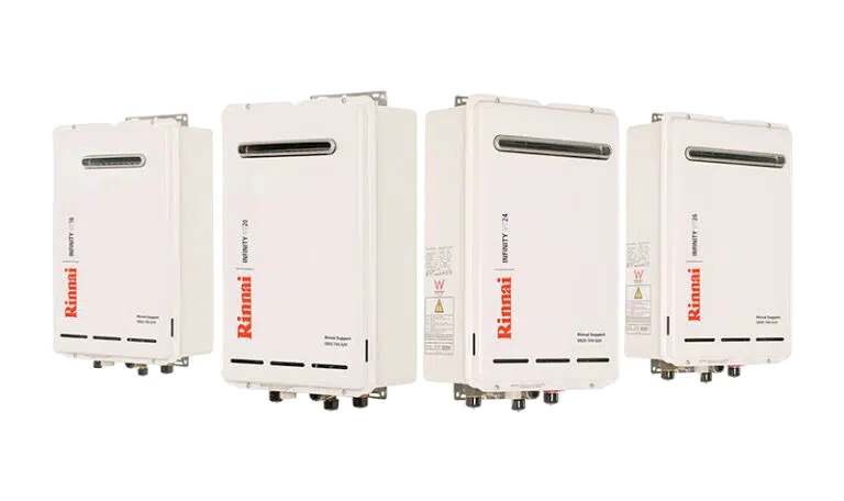 Rinnai Infinity continuous flow unit mounted outside an Auckland home — like-for-like straight-swap