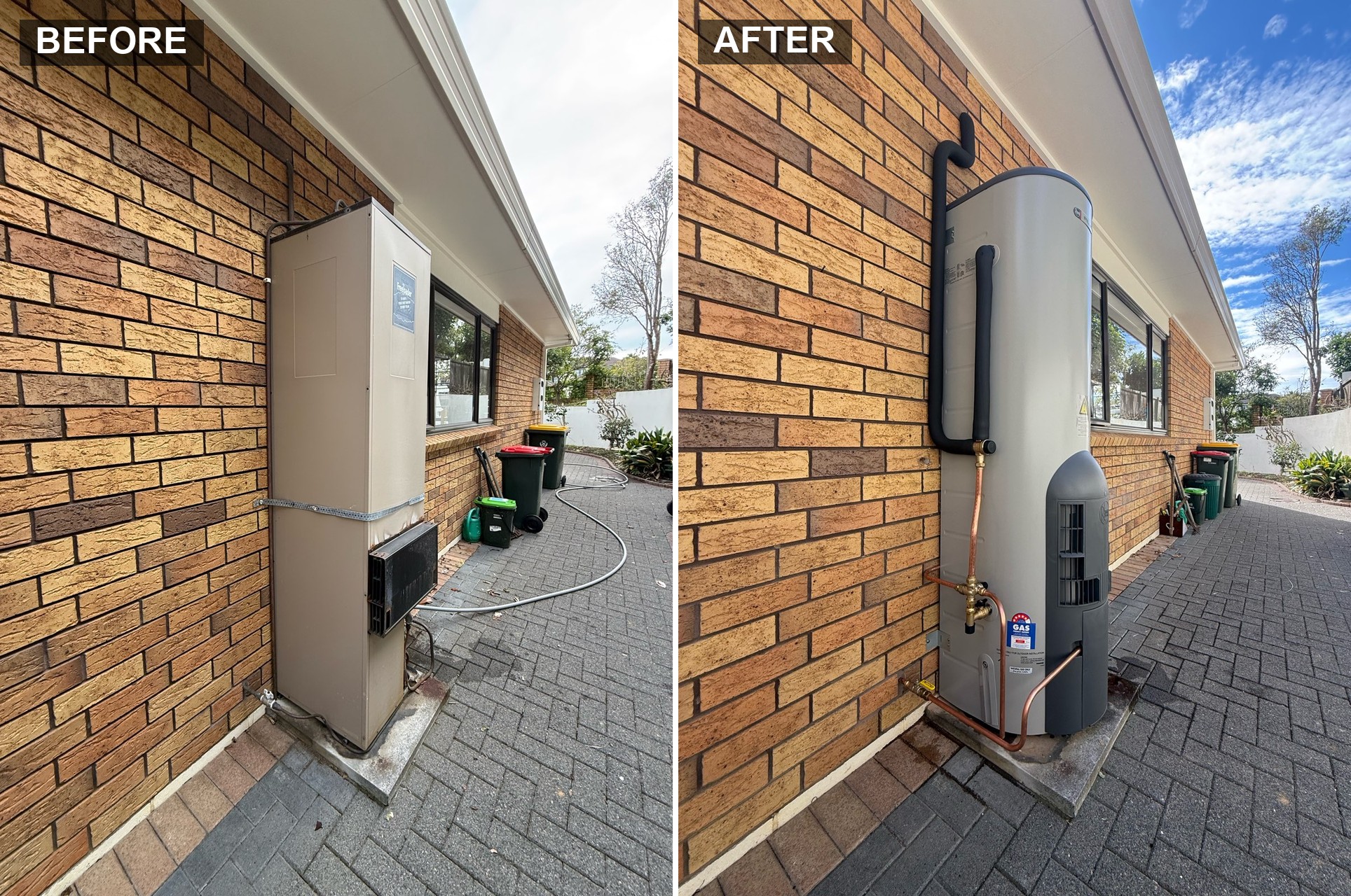 Before and after — old Vulcan Freeloader replaced with new Rheem Stellar 160L gas storage cylinder in Botany, East Auckland